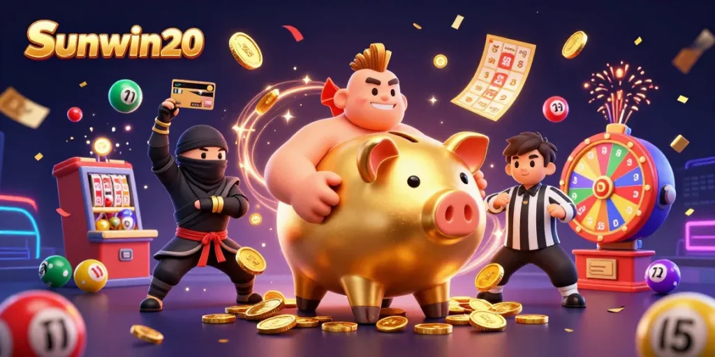 Join the sunwin20 battle with a golden piggy bank sumo wrestler in a vibrant casino scene!