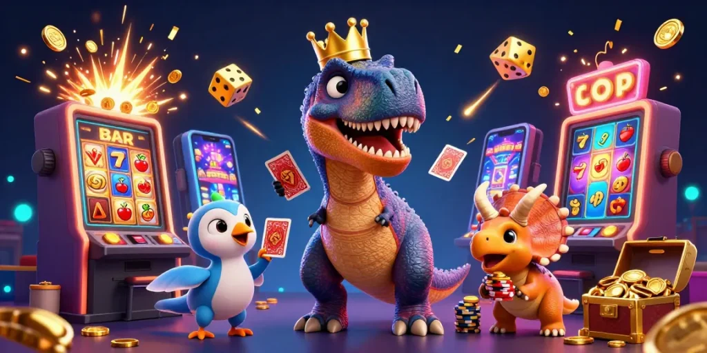 Engage with xoso66 in a vibrant 3D casino world with T-Rex and friends, showcasing thrilling gaming elements