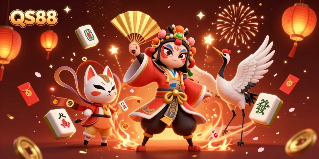 Experience the excitement of QS88 casino gaming with vibrant, animated 3D characters surrounded by festive gaming elements.