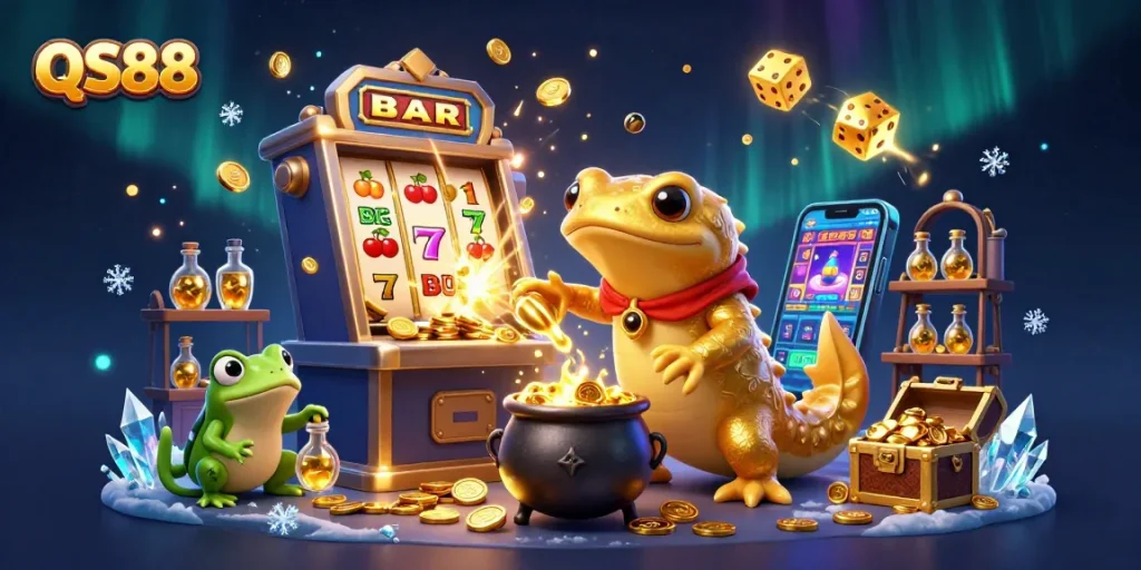 Experience thrilling gameplay at QS88 with a vibrant jackpot celebration featuring dynamic characters and rich casino elements.