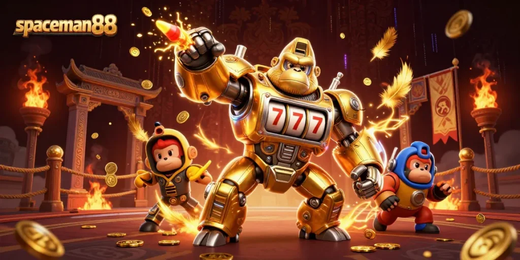 Experience thrilling spins with spaceman88's golden gorilla mech in an electrifying casino scene.