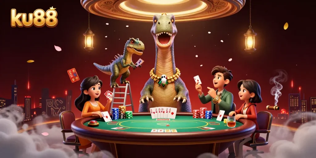 ku88 elevates your poker gameplay with a vibrant scene of a brontosaurus and clever raptor.