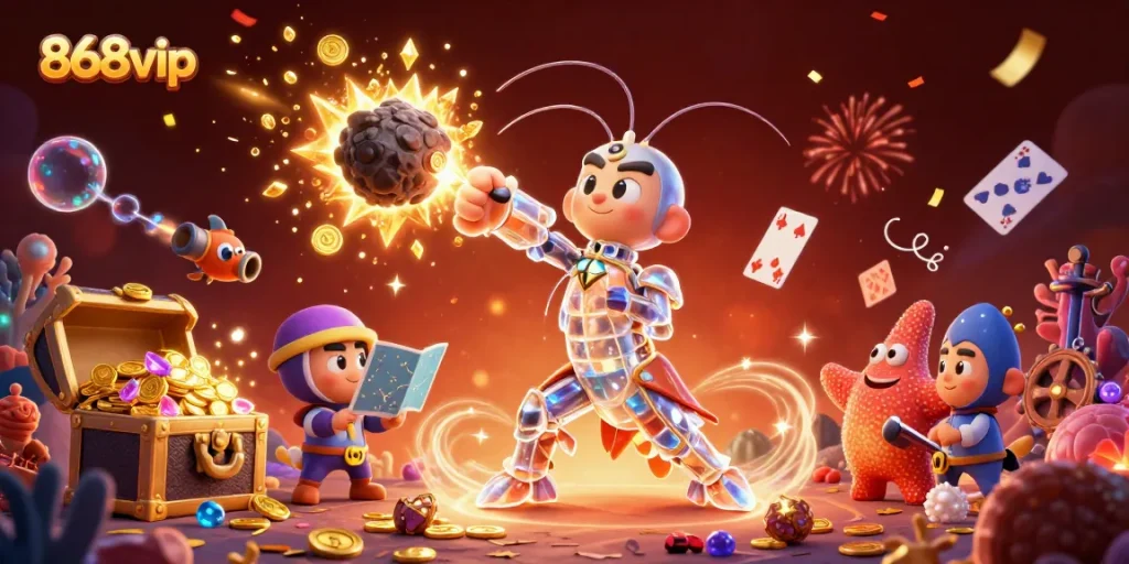 868vip showcases a vibrant 3D illustration of a gaming adventure with shiny treasures and a cosmic shrimp hero.