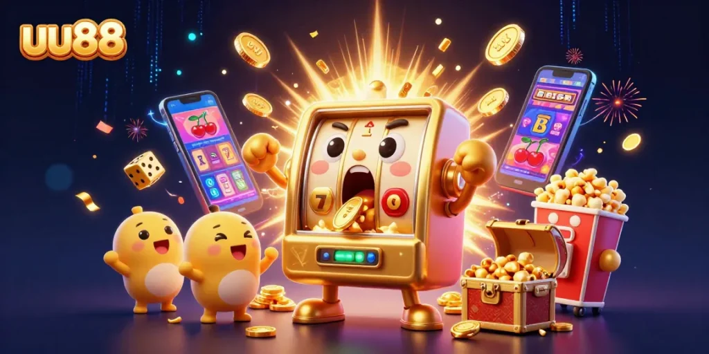 uu88 illuminates winning slots with an expressive golden machine celebrating jackpots and coins!