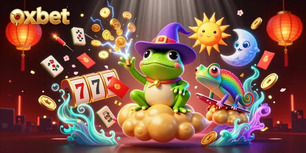 Experience the magic of oxbet with a dynamic scene of a wizard frog and chameleon amidst golden coins.