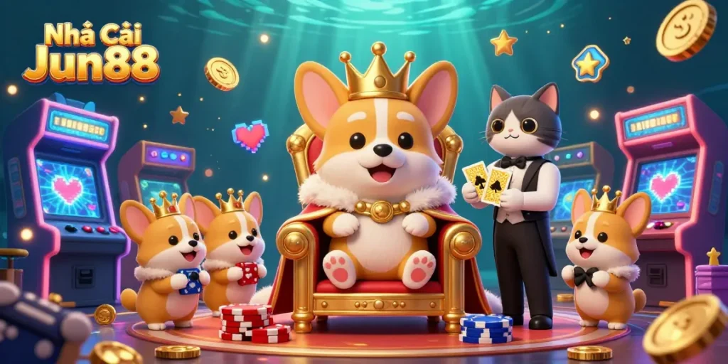 Win big at Nhà cái Jun88 with an exciting 3D digital casino art featuring lively characters and game elements.