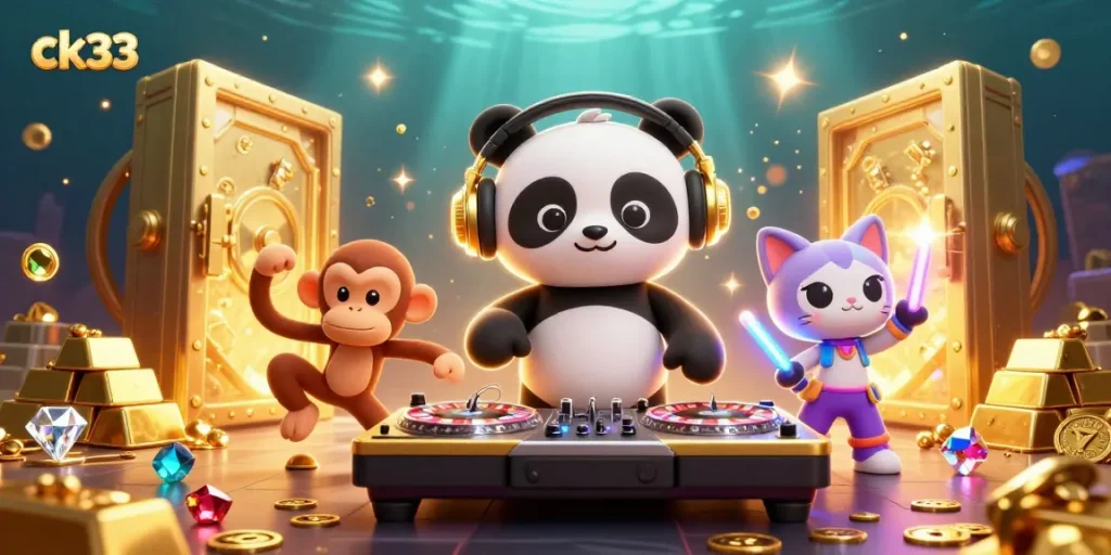 Experience the thrill of ck33 with a DJ panda, glowing kitten, and dancing monkey in a vibrant casino scene.