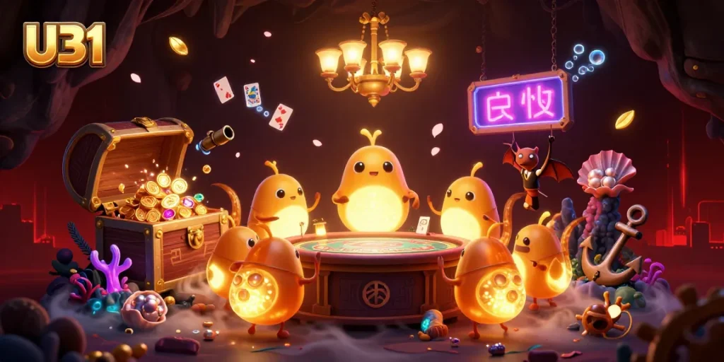 Experience vibrant gameplay at U31 with a cartoon glowworm casino scene showcasing dynamic games and treasures.