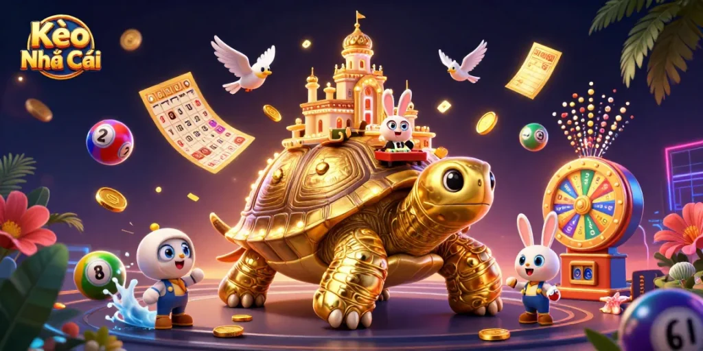 Kèo Nhà Cái showcases an exciting casino scene with a golden tortoise, rabbit dealer, and vibrant gambling elements.