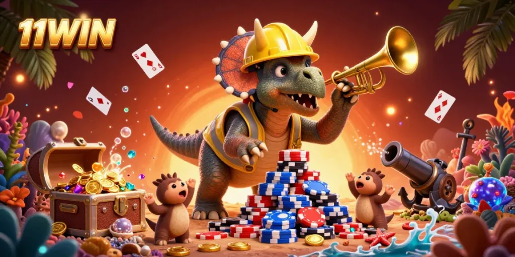 11WIN showcases vibrant 3D characters in a casino scene celebrating wins with poker chips and treasures.