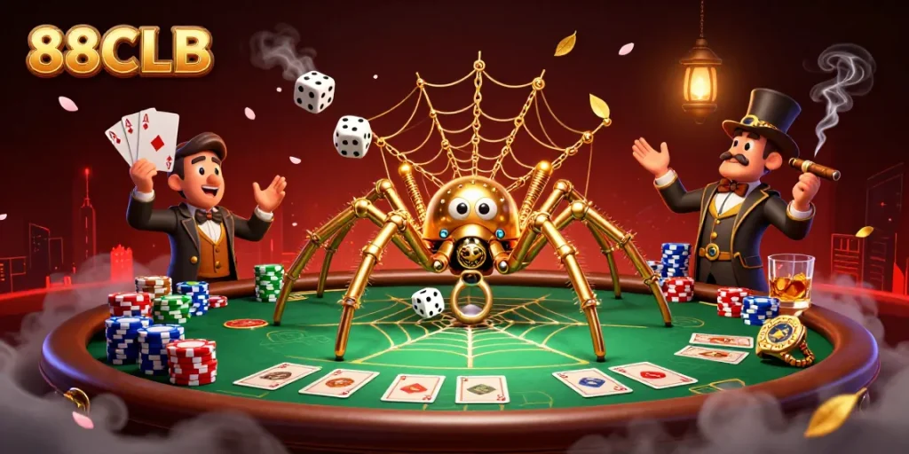 88CLB spider webbing poker chips and dice, catching luck in a dynamic casino scene.