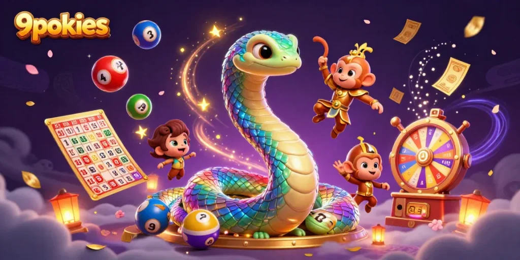 Experience thrilling 9pokies action with a vibrant scene of lottery balls and dynamic characters.