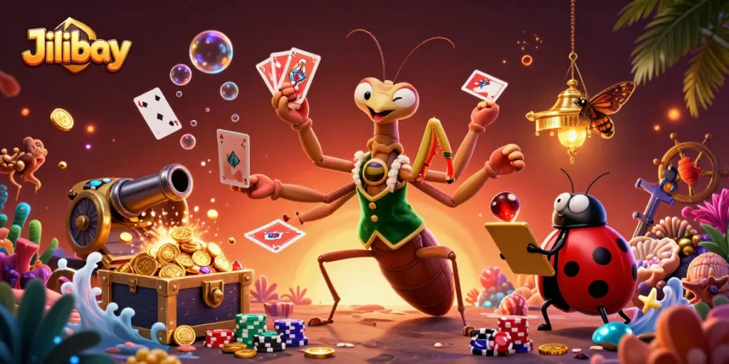 Experience the thrilling world of Jilibay with a vibrant 3D illustration showing card games and festive elements.
