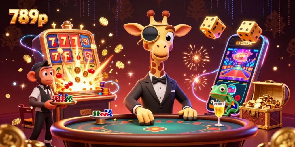 Experience the thrill of 789p with a high-roller giraffe at a lavish casino.