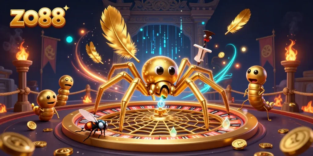 Experience thrilling bets at zo88 as a fly nervously wagers at a roulette web in a vibrant casino