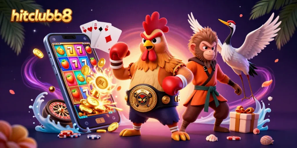 hitclubb8 showcases an energetic scene with a Muay Thai rooster, Shaolin monkey, and wise crane amidst lively casino elements.