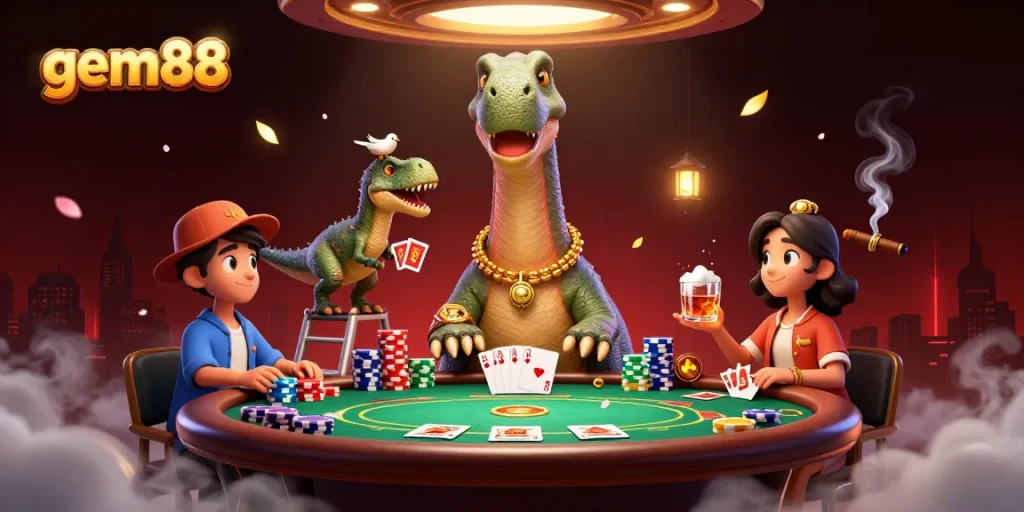 gem88 showcases players at a vibrant casino poker table with dynamic characters and exciting elements