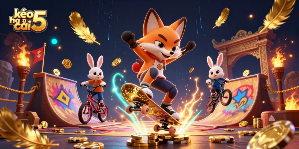 Experience the thrill of kèo nhà cái 5 with vibrant fox and rabbit characters in a dynamic casino scene.