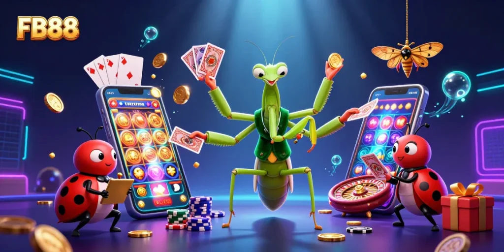Engage with FB88 in a vibrant casino scene showcasing dynamic characters and thrilling gaming elements.