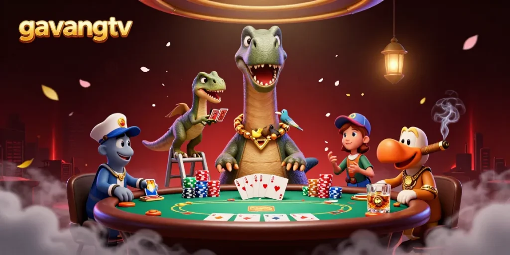 Gavangtv showcases a cartoon brontosaurus overseeing an intense poker game with a raptor dealer.