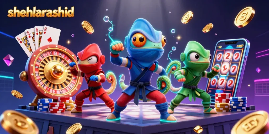 Join the excitement of winning with shehlarashid's vibrant 3D casino art featuring dynamic chameleon ninjas.