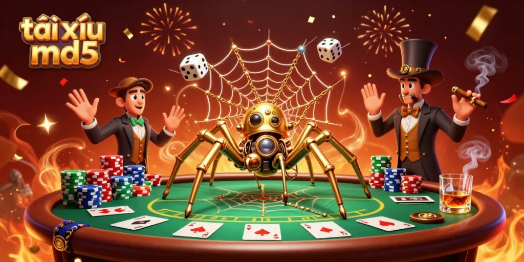Engage in the thrilling world of tài xỉu md5 with steampunk-inspired characters amidst vibrant casino elements.