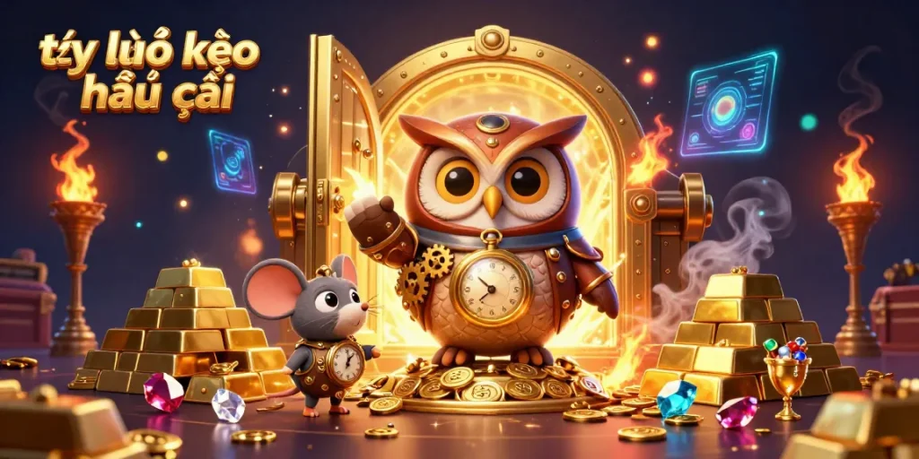 Bet on tỷ lệ kèo nhà cái with a captivating steampunk owl helping gamblers achieve winning strategies.