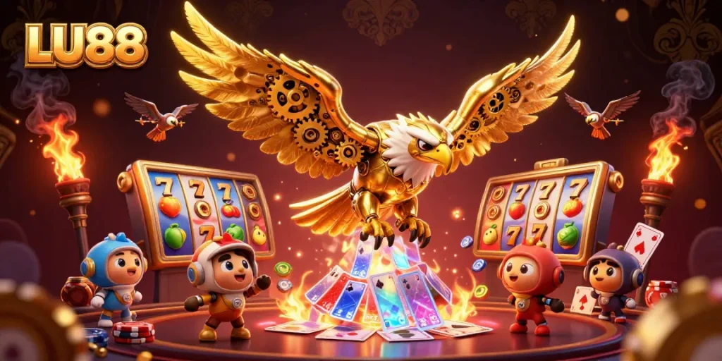 LU88 showcases a dynamic 3D casino scene with golden eagle diving through playing cards.