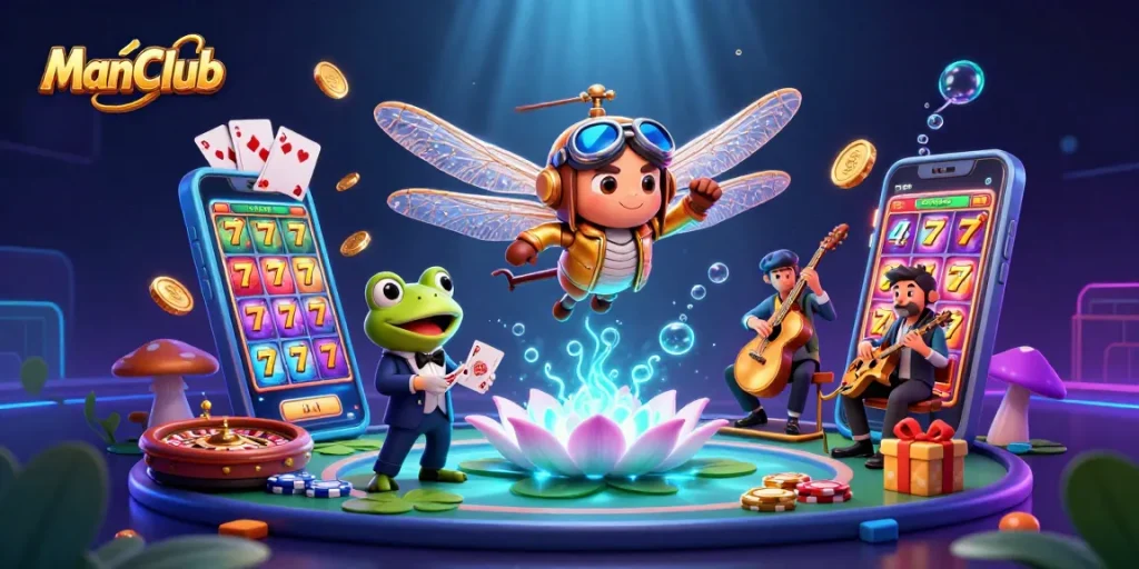 Experience thrilling gaming action at ManClub with a vibrant casino scene featuring a dragonfly pilot and jackpot slots.