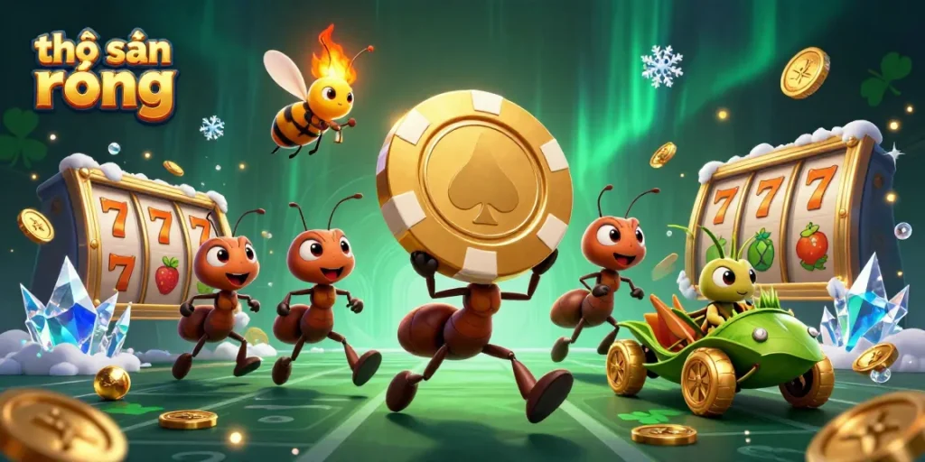 thợ săn rồng shows ants carrying a giant poker chip amid slot reels and glowing casino elements.