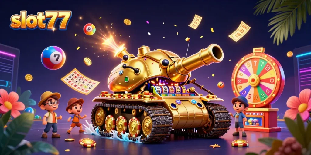 Engage with the thrilling slot777 experience in a vibrant, dynamic casino illustration featuring mini-games and confetti.
