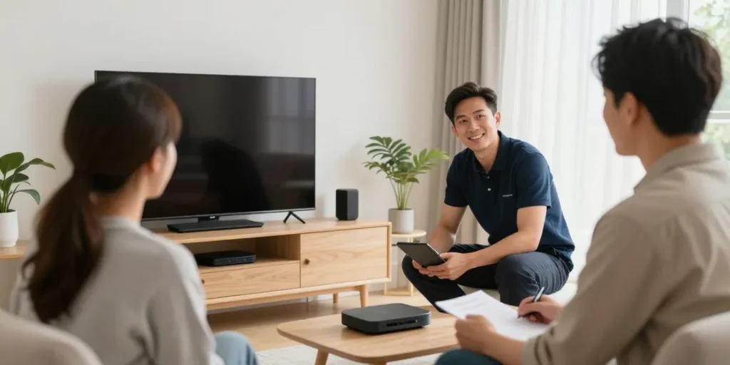 A trusted provider installing British IPTV in a modern home, showcasing local service and professional expertise.
