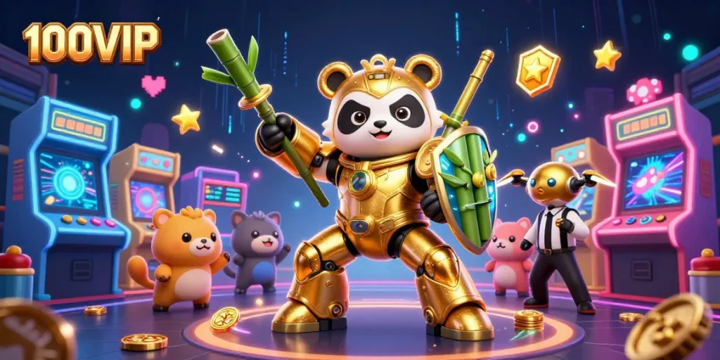 Experience the thrill of 100VIP with exciting games and vibrant casino elements in a dynamic 3D scene.
