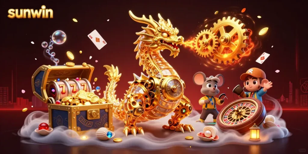 Experience the thrill of sunwin casino with a golden dragon and explosive treasures in this dynamic scene.