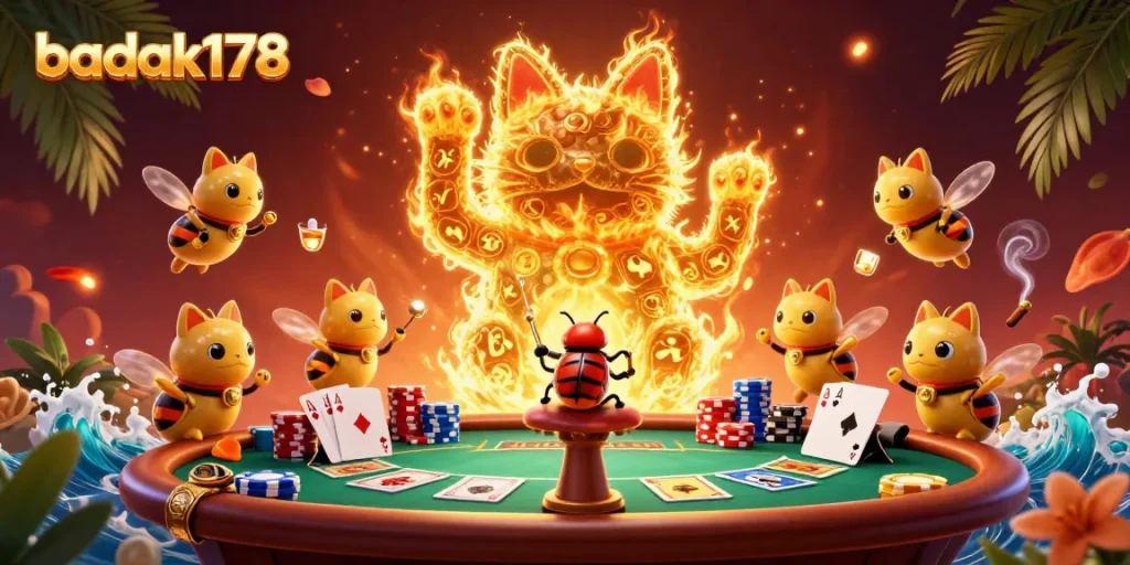 Transform your winnings with badak178’s vibrant poker scene featuring a giant lucky cat.