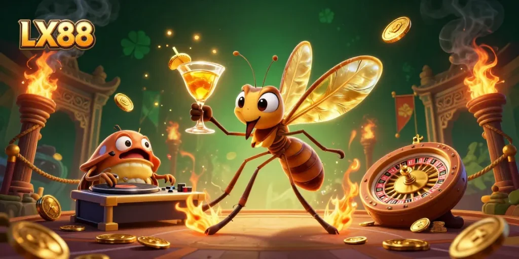 LX88 mascot brings luck with a golden cocktail while the trilobite DJ spins in a vibrant casino scene.