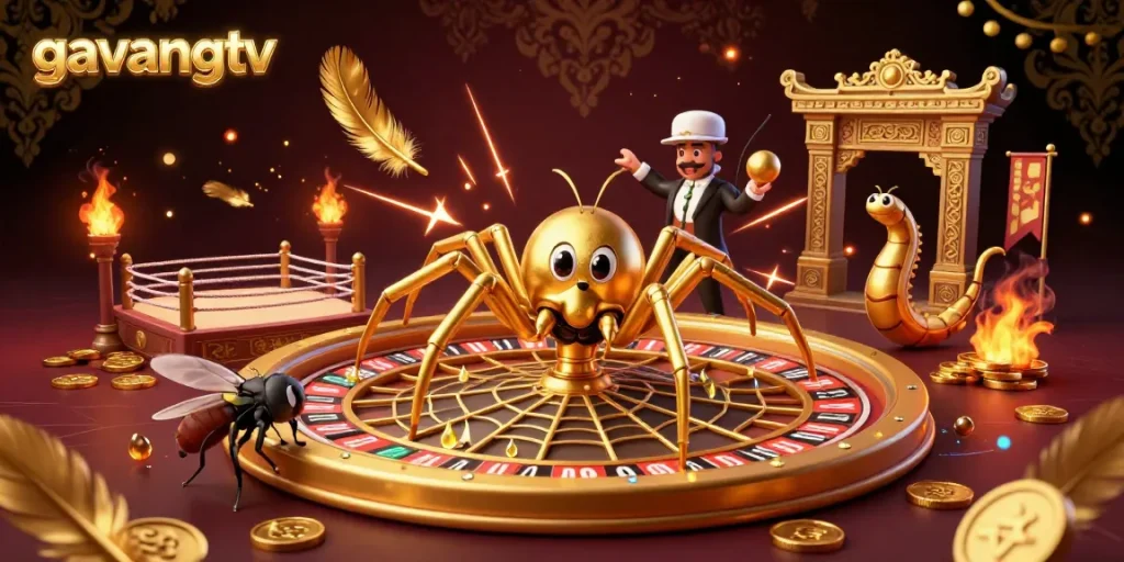 Experience thrilling bets with gavangtv, in a vibrant 3D casino scene featuring a golden spider and centipede croupier.
