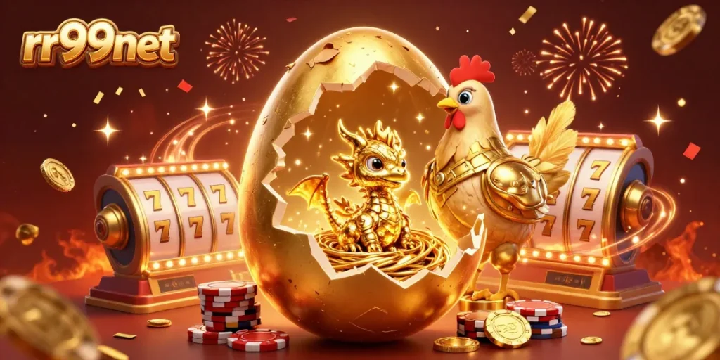 Spin to win at rr99net with a golden dragon and thrilling slot reels in a vibrant casino scene!