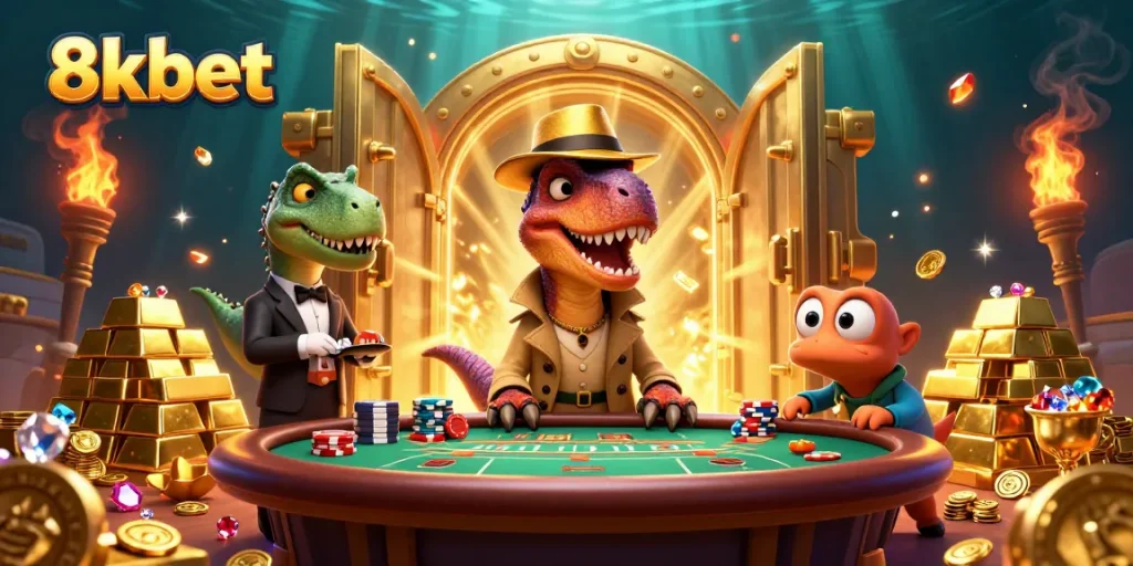 Experience big wins at 8xbet with an exciting scene of a velociraptor counter at a casino table.