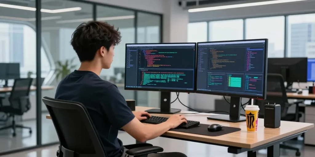 Developer coding on Slot7000 platform in a modern workspace with dual monitors.
