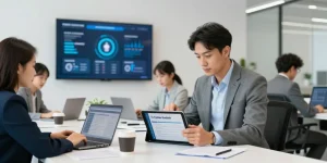 Business professional checking cyber essentials checklist in modern office environment.