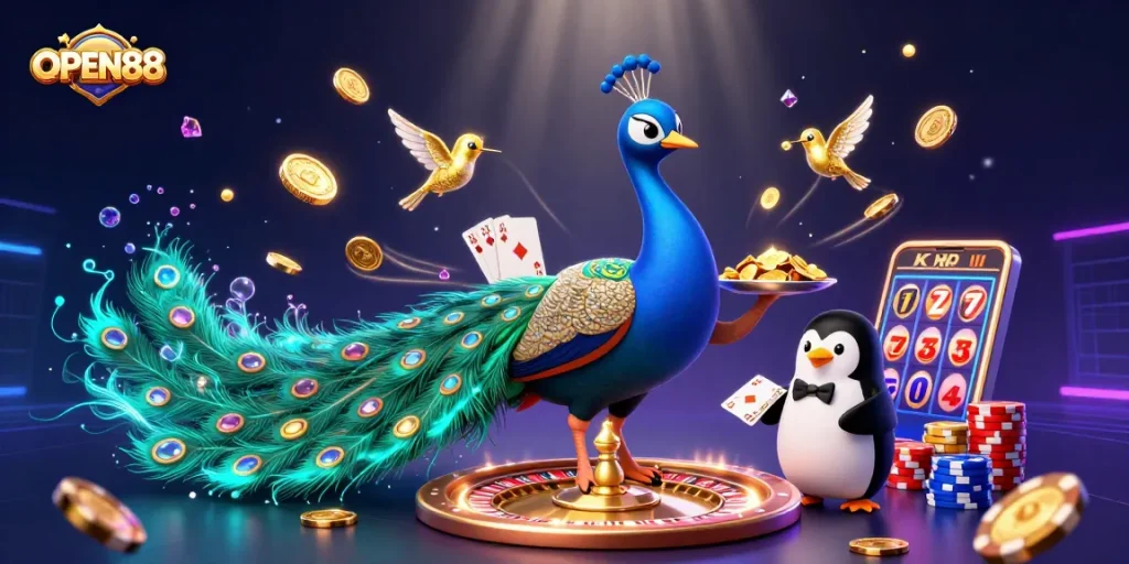 Experience the thrill of OPEN88 with vibrant 3D characters, golden chips, and dynamic casino elements.
