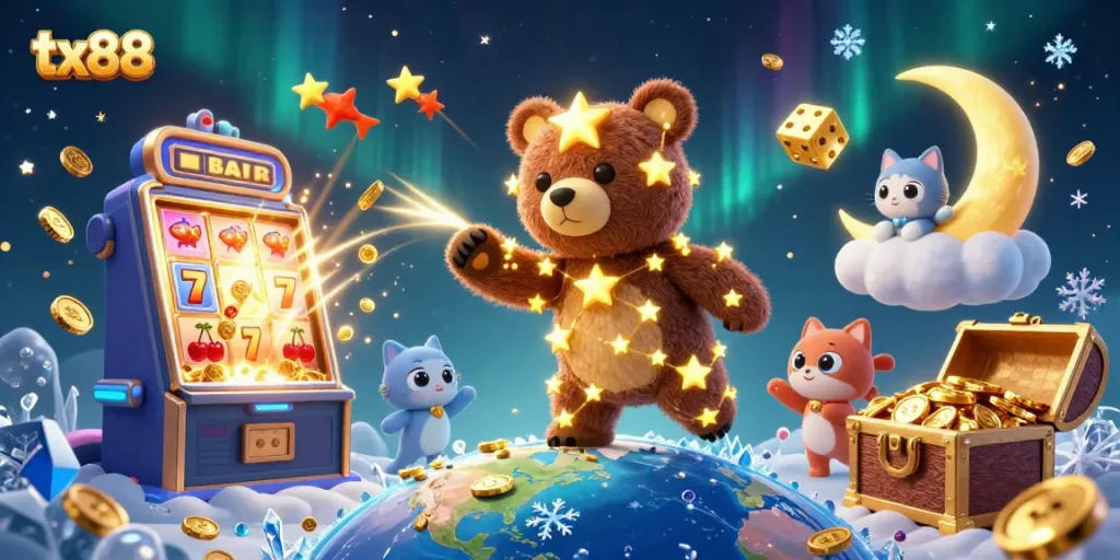 Win big with tx88 in a vibrant casino-themed 3D illustration featuring animated characters.