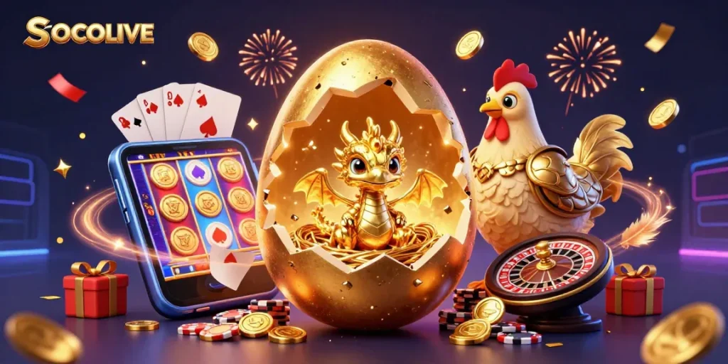 SOCOLIVE reveals a golden baby dragon and poker chips amid a vibrant casino celebration scene.