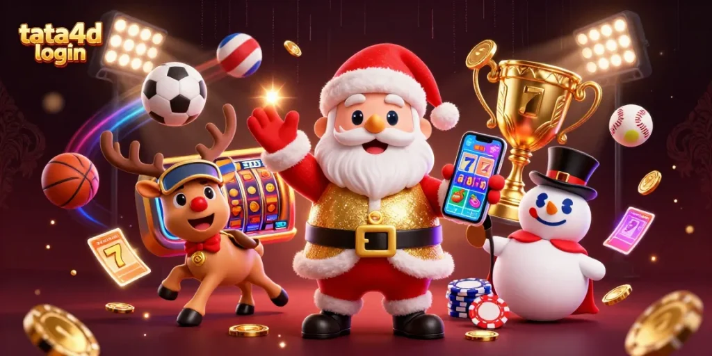 Engage with tata4d login featuring festive 3D characters celebrating casino wins amidst dynamic game elements and casino atmosphere.