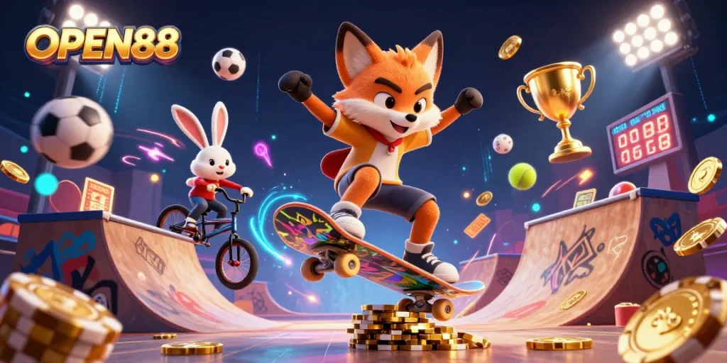 Experience thrilling action at OPEN88 with a dynamic 3D illustration showcasing exciting casino gameplay.