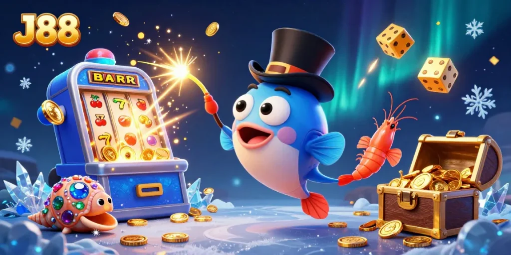 J88 players enjoy thrilling wins in a vibrant 3D casino scene with anglerfish, shrimp, and sea snail.