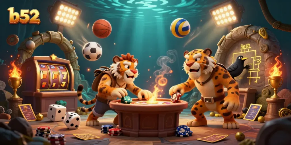 B52 transports players to a vibrant 3D casino with dynamic gameplay elements, featuring lively caveman characters.
