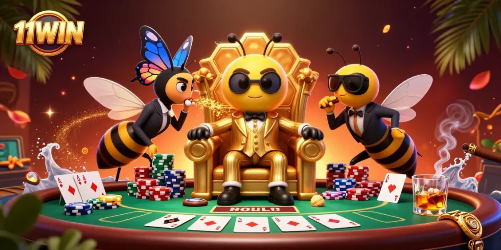 11WIN poker players compete in a lively scene, showcasing vibrant game elements.