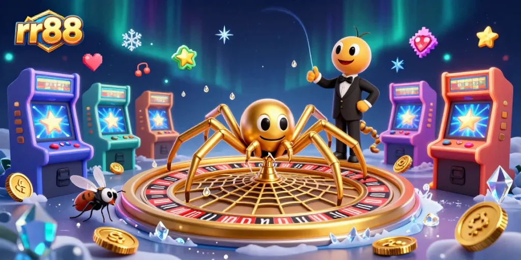 Experience exhilarating bets at rr88 with a golden spider and a croupier in a vibrant casino scene.